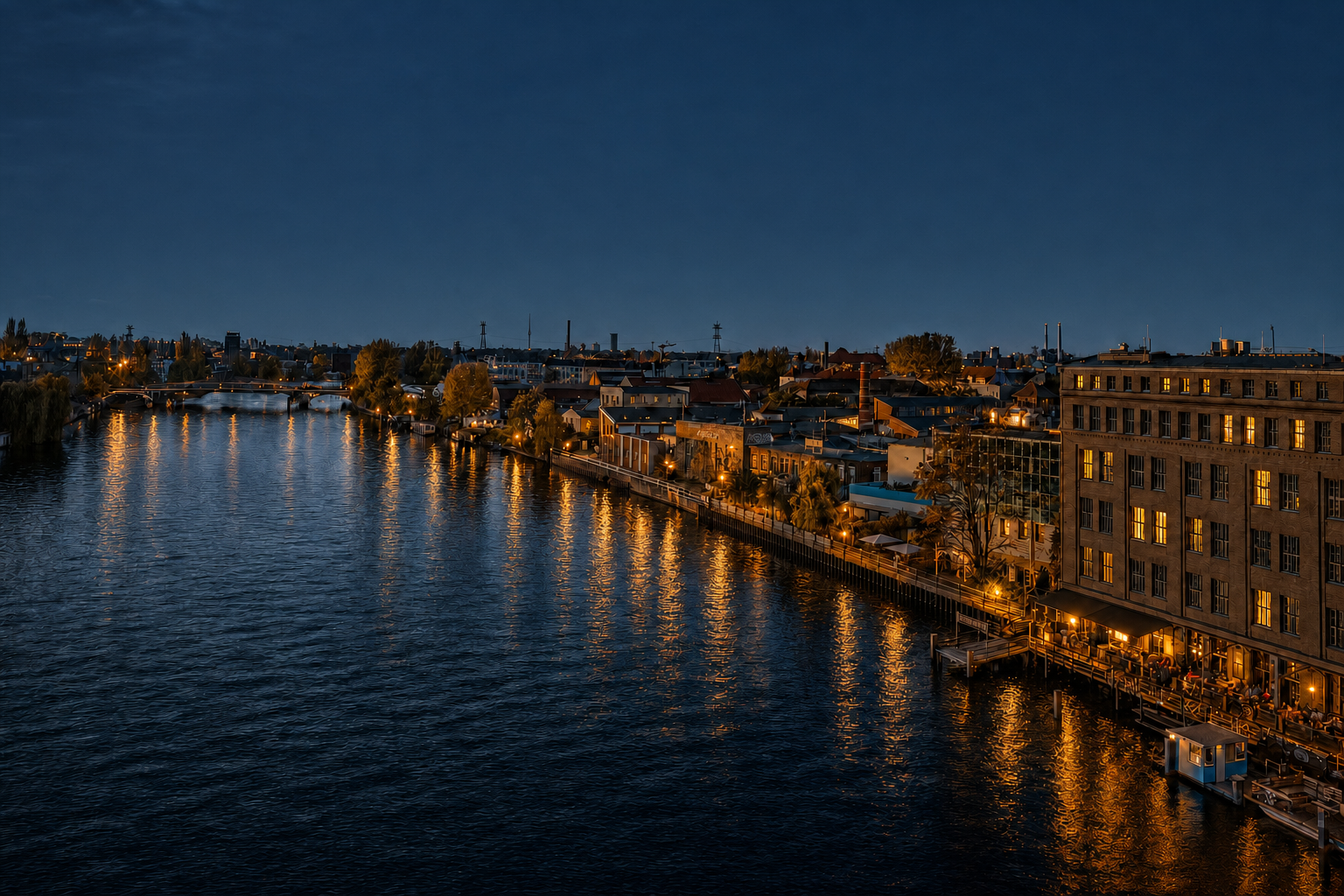 White Spreelounge bei Nacht – Blick über die Spree auf das beleuchtete Gebäude