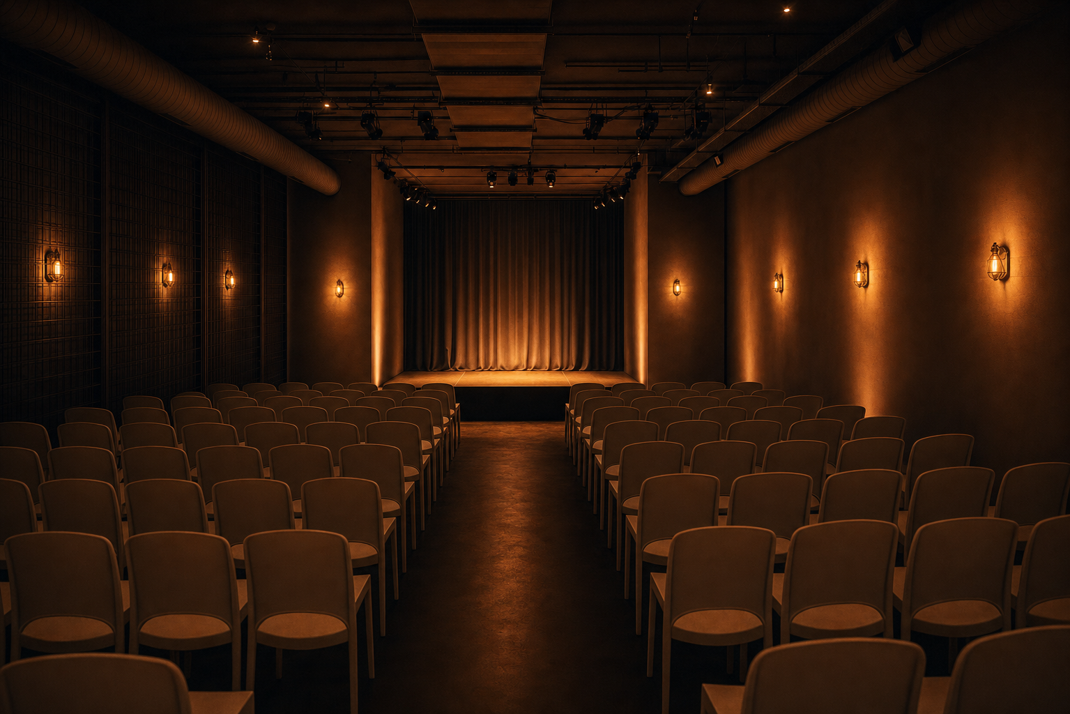 Innenraum des Theaters an der Spree mit Bühne, Vorhang und Stuhlreihen