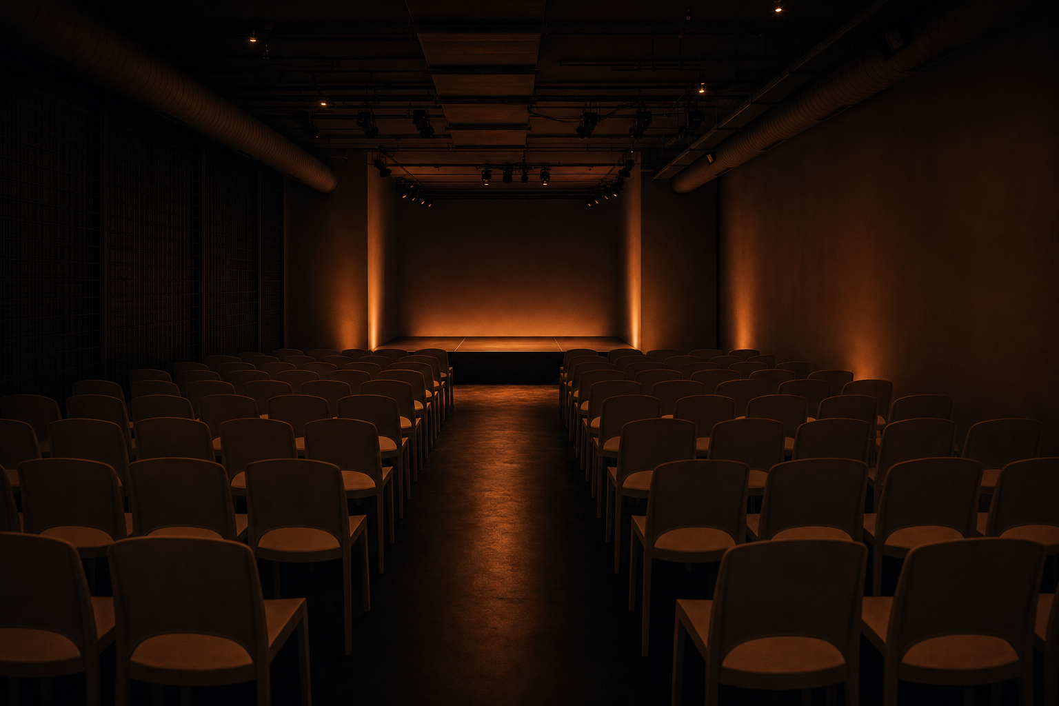 Innenraum des Theaters an der Spree mit Bühne und roten Sitzreihen